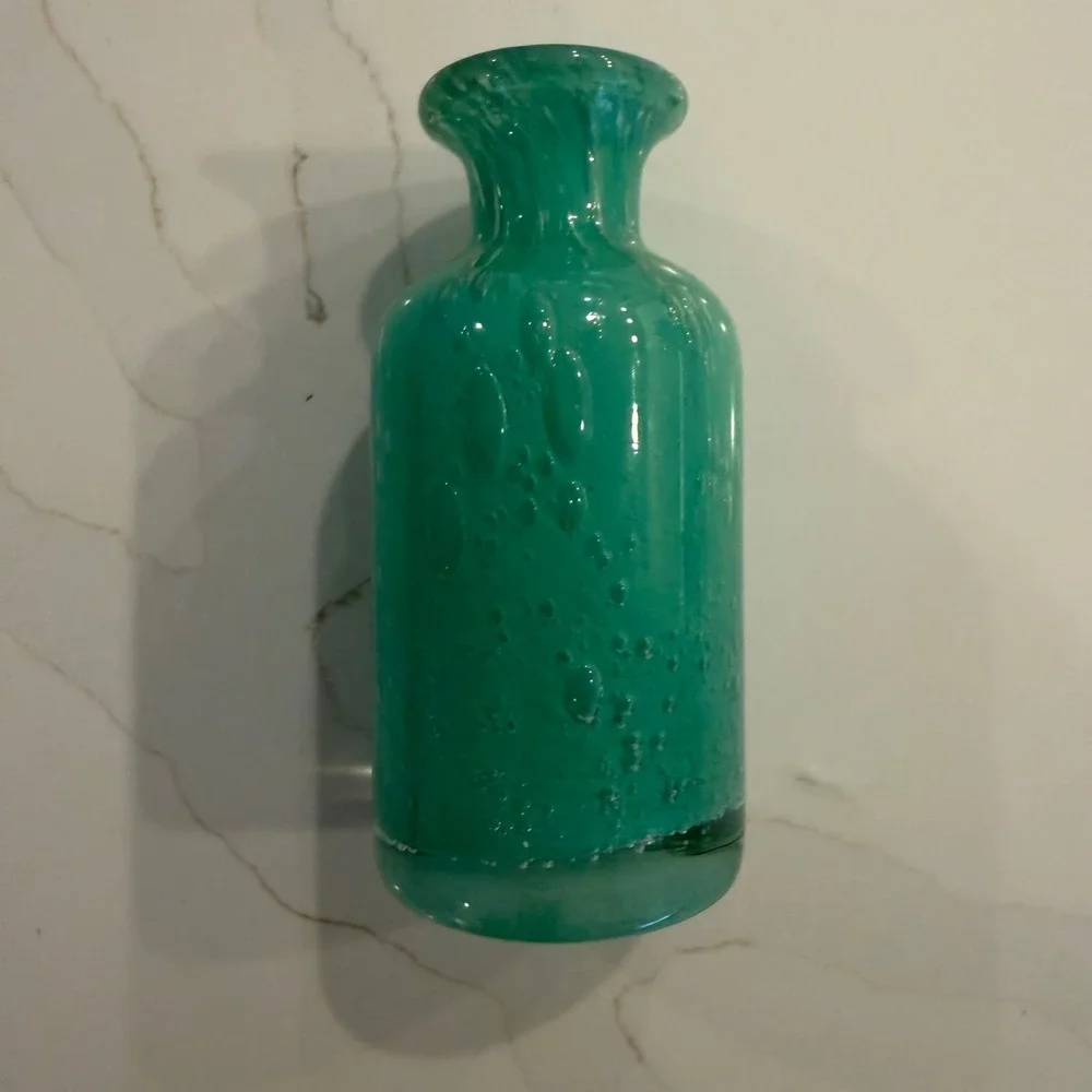 Teal Green Controlled Bubble Art‎ Glass Bud Vase Swirl Rim Weighted Base